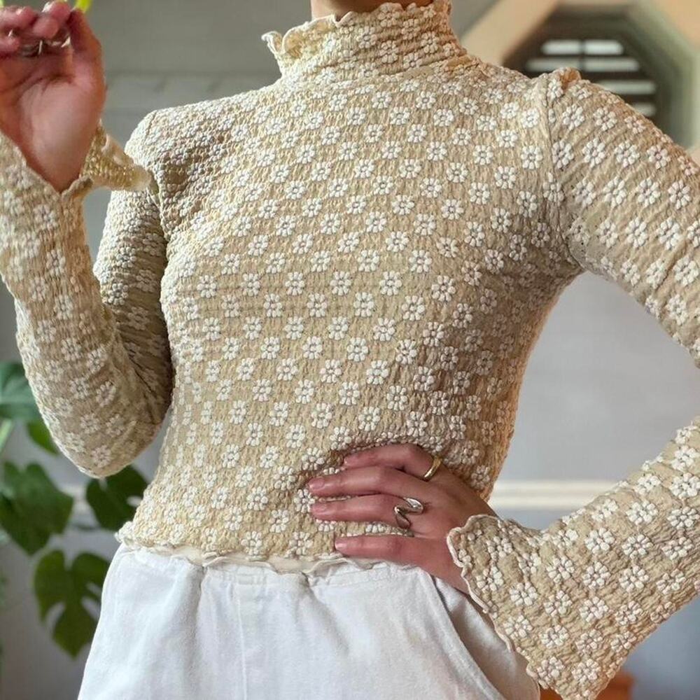 Promesa Cream Floral Textured Mock Neck Long Sleeve Top